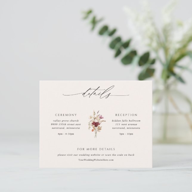 Carte D'accompagnement Boho Fleurs sauvages Elegant Wedding Détails (Debout devant)
