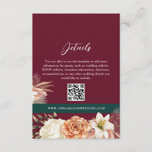 Carte D'accompagnement Boho Floral Bourgogne Détails du Mariage QR Code