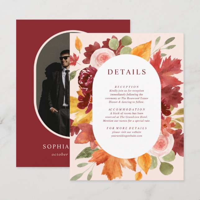Carte D'accompagnement Boho Floral Burgundy Fall Photo Détails du Mariage (Devant / Derrière)