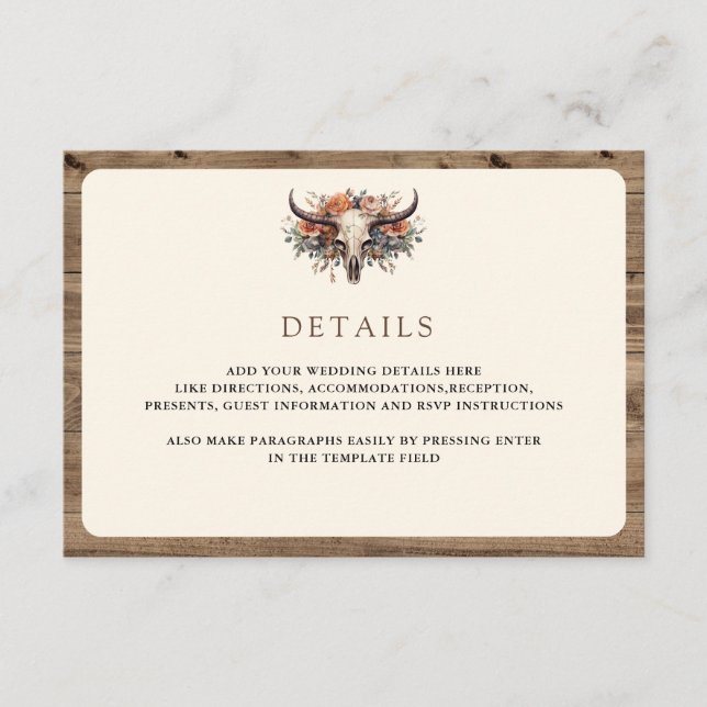 Carte D'accompagnement Boho Floral Cow Skull Western Wedding Details (Devant)