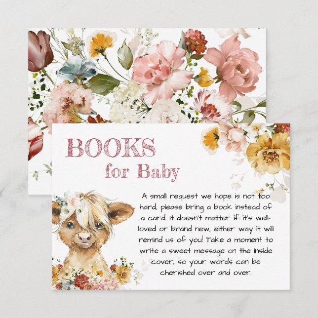 Carte D'accompagnement Boho Floral Highland Vaches Livres Pour Bébé (Devant / Derrière)
