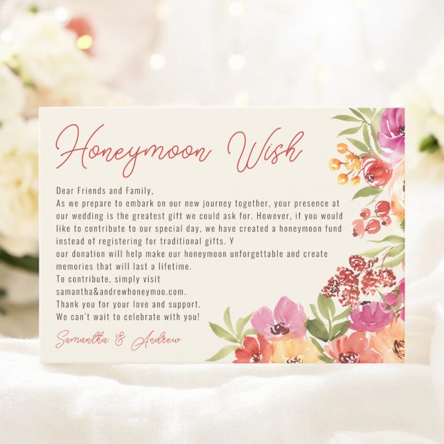 Carte D'accompagnement Boho Floral Honeymoon Fund Fête des mariées (Boho Floral Honeymoon Fund Bridal Shower Enclosure Card)