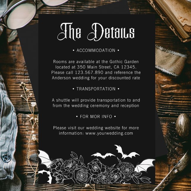 Carte D'accompagnement Boho gothique Botanique Noir Détails du Mariage (Créateur téléchargé)