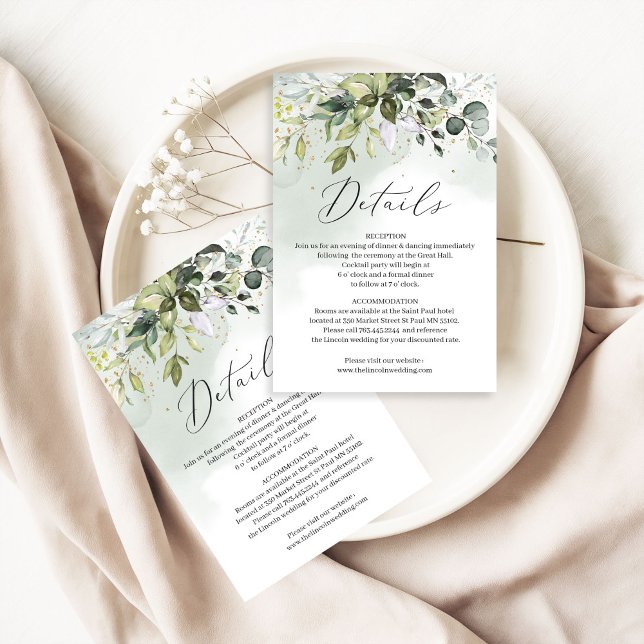 Carte D'accompagnement Boho greenery folaige leaves gold wedding details (Watercolor boho greenery foliage eucalyptus gold wedding details card editable template, Digital Pri)