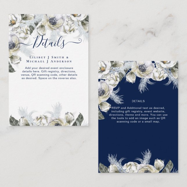 Carte D'accompagnement BOHO Marine Blanc Floral Pampas Mariage en herbe (Devant / Derrière)