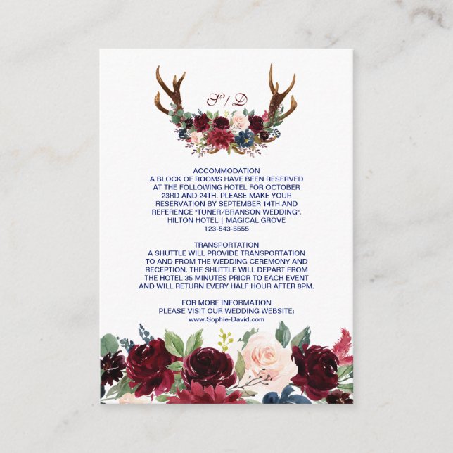 Carte D'accompagnement Boho Merlot Navy Floral Antlers Détails du Mariage (Devant)