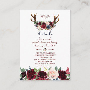Carte D'accompagnement Boho Merlot Navy Floral Antlers Détails du Mariage