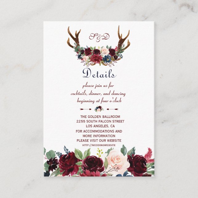 Carte D'accompagnement Boho Merlot Navy Floral Antlers Détails du Mariage (Devant)