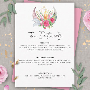 Carte D'accompagnement Boho Moon Crystals Plumes rose Fleurs Mariage
