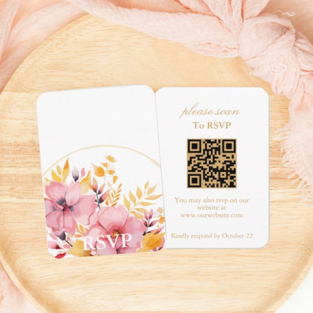 Carte D'accompagnement Boho Or Floral RSVP avec code QR (Créateur téléchargé)