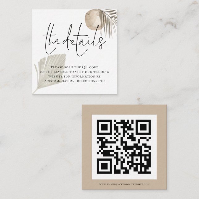 Carte D'accompagnement Boho Pampas Grass QR Code Détails du Mariage (Devant / Derrière)