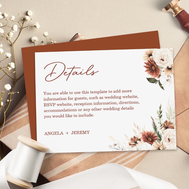 Carte D'accompagnement Boho Pampas Terracotta Floral Détails du Mariage (Créateur téléchargé)