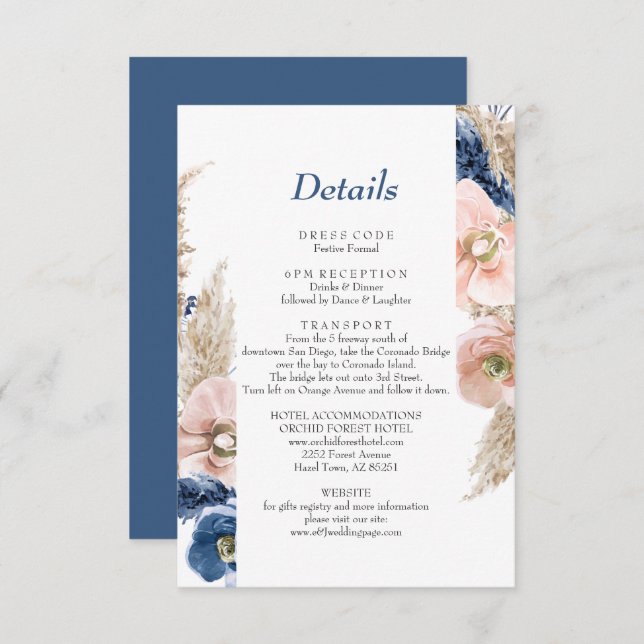 Carte D'accompagnement Boho pastel bleu & brush choral Mariage (Devant / Derrière)