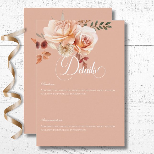 Carte D'accompagnement Boho Peach & Rust Floral Peach Blush Détails (Boho Peach & Rust Floral Peach Blush Wedding Details Enclosure Card)