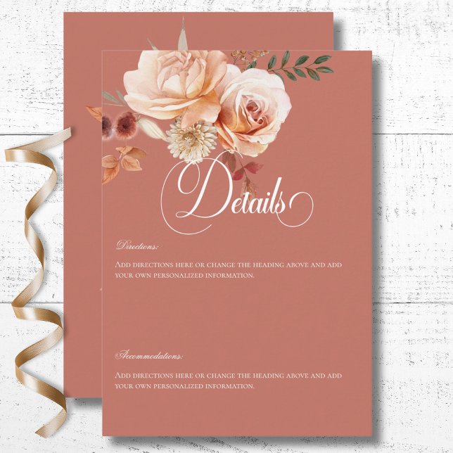 Carte D'accompagnement Boho Peach & Rust Floral Rust Détails (Boho Peach & Rust Floral Rust Details Enclosure Card)