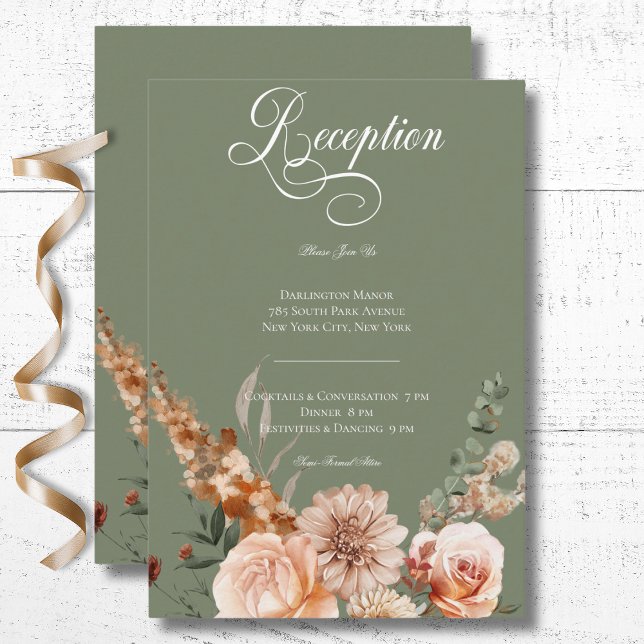 Carte D'accompagnement Boho Peach & Rust Floral Sage Green Réception (Boho Peach & Rust Floral Sage Green Reception Enclosure Card)