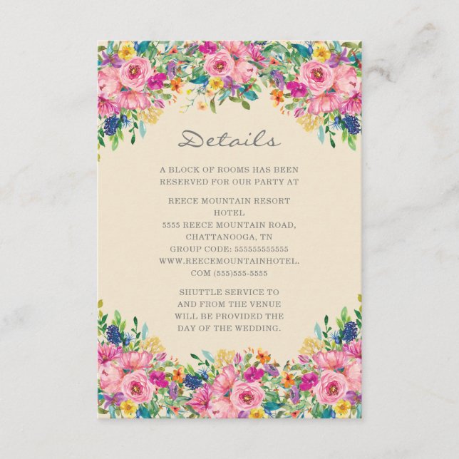 Carte D'accompagnement Boho Pink Blue Yellow Flowers Détails du Mariage (Devant)