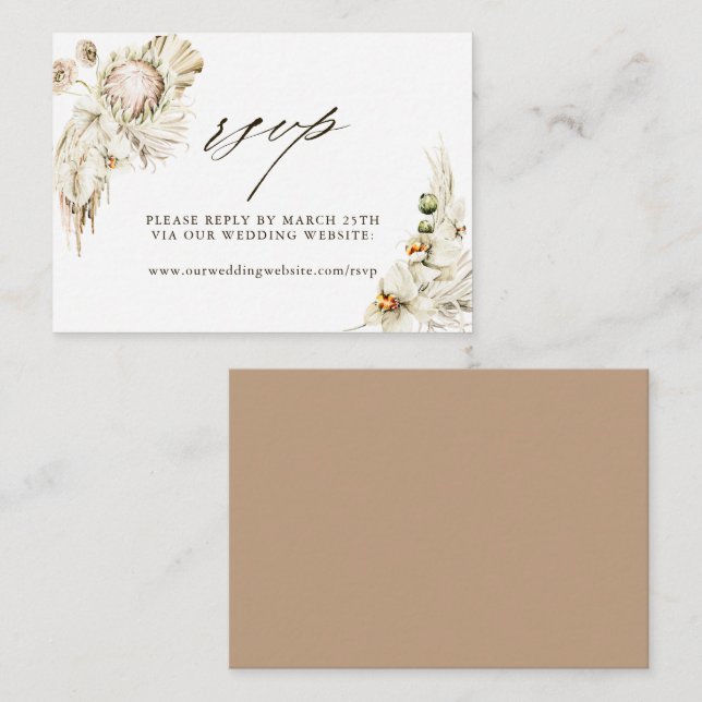 Carte D'accompagnement Boho Protea Pampas Site Mariage en herbe RSVP (Devant / Derrière)