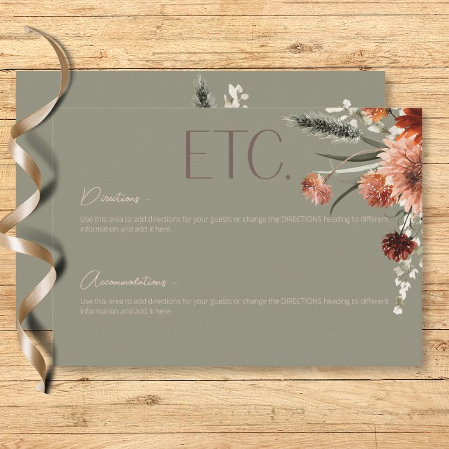 Carte D'accompagnement Boho Rust & Neutral Fall Floral Sage Green Détails (Boho Rust & Neutral Fall Floral Sage Green Details Enclosure Card)