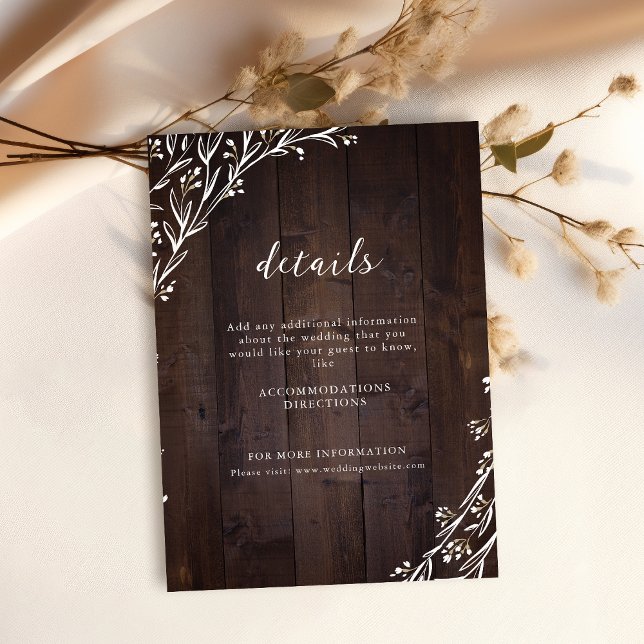 Carte D'accompagnement Boho Rustique Détails du Mariage campagnard Floral (Rustic Wood Boho Floral Country Wedding Details Enclosure Card)