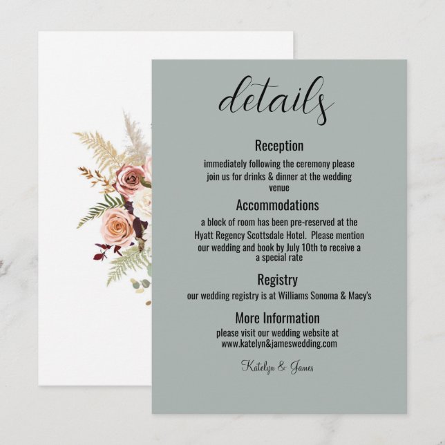Carte D'accompagnement Boho Soft Coloured Roses & White Flowers Mariage (Devant / Derrière)