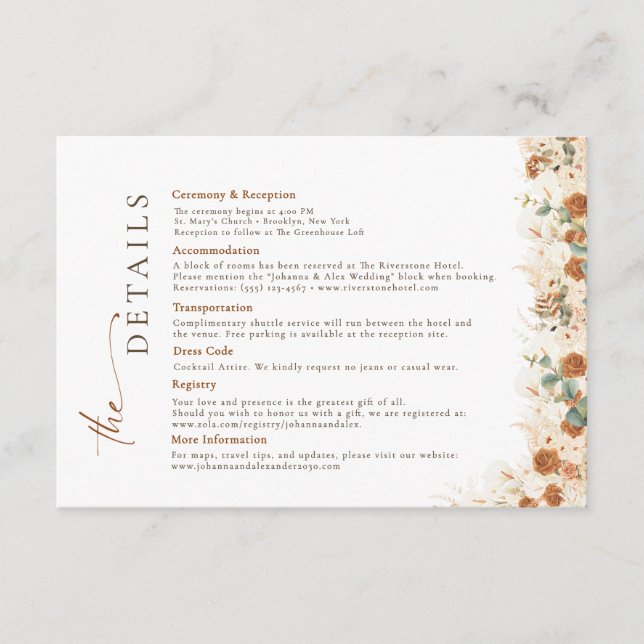 Carte D'accompagnement Boho Terracotta Floral Détails du Mariage (Devant)