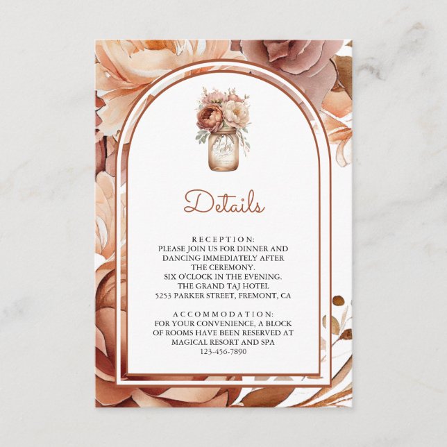 Carte D'accompagnement Boho Terracotta Floral Mason Jar Wedding Details (Devant)