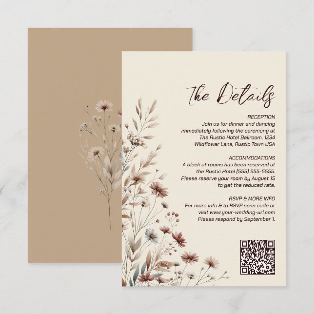 Carte D'accompagnement Boho Wildflowers Code QR Détails de mariage Petit (Devant / Derrière)