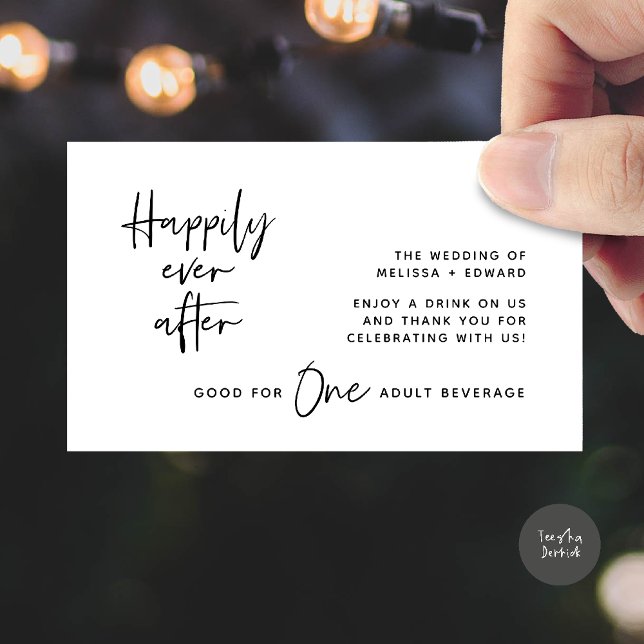 Carte D'accompagnement Boire Billet Adulte Boissons Heureusement Jamais A (Drink Ticket Adult Beverage Happily Ever After Modern Romantic Party Enclosure Card in White Black)