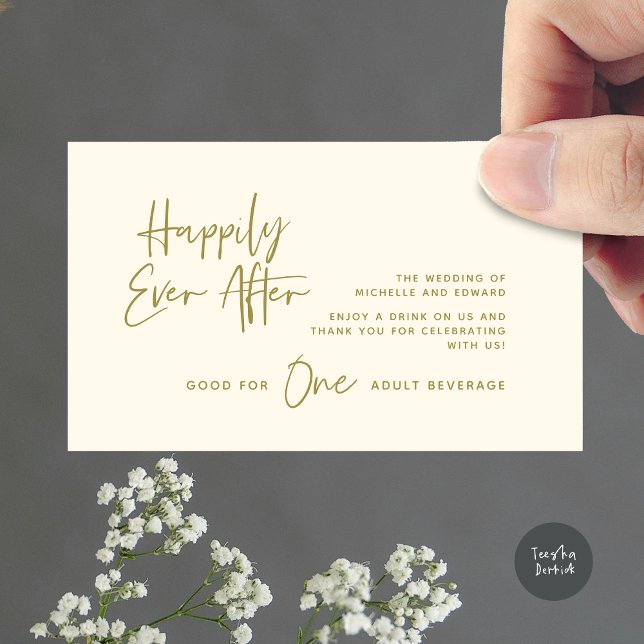 Carte D'accompagnement Boire Billet, Boisson Adulte, Heureusement Jamais  (Modern Wedding Drink Ticket, Adult Beverage, Happily Ever After Enclosure Card in Yellow Gold)