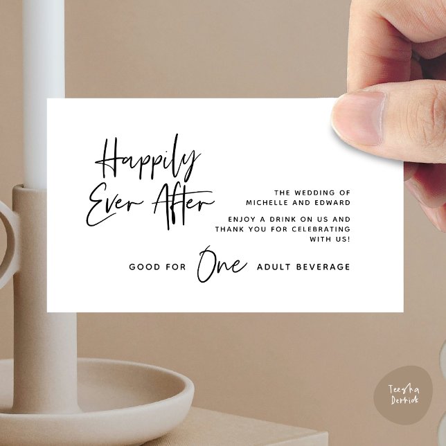 Carte D'accompagnement Boire Billet, Boisson Adulte, Heureusement Jamais  (Modern Wedding Drink Ticket, Adult Beverage, Happily Ever After Enclosure Card in White Black)
