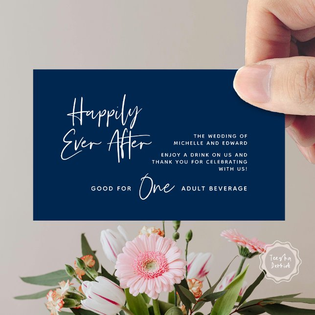 Carte D'accompagnement Boire Billet, Boisson Adulte, Heureusement Jamais  (Modern Wedding Drink Ticket, Adult Beverage, Happily Ever After Enclosure Card in Navy Blue)