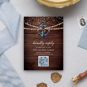 Carte D'accompagnement Bois rustique Ancre bleu marine QR Code RSVP Maria