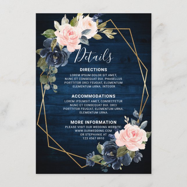 Carte D'accompagnement Bois Rustique Bleu Nuit Rose Pâle Détails Géométri (Devant)