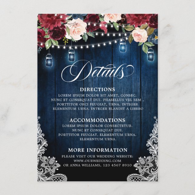 Carte D'accompagnement Bois rustique Bourgogne Floral Mason Jar Mariage (Devant)