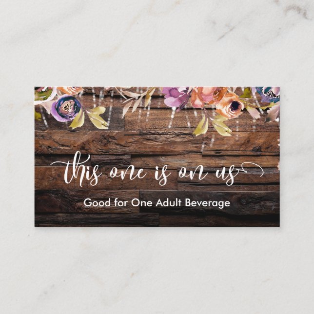 Carte D'accompagnement Bois Rustique, Fleurs Peintes, Billets de Boisson  (Devant)