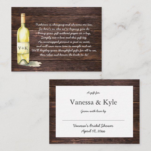 Carte D'accompagnement Bois Vin Bouteille étalage de douche nuptiale (Devant / Derrière)