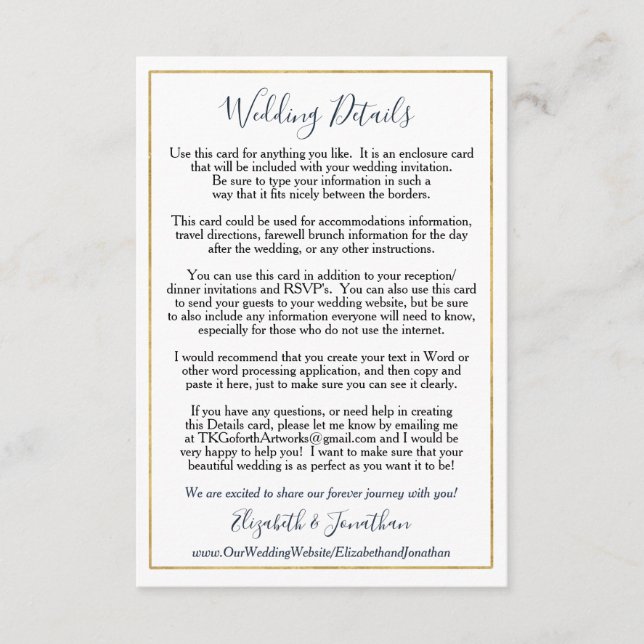 Carte D'accompagnement Boîtier de mariage personnalisé Elégant Marine Or (Devant)