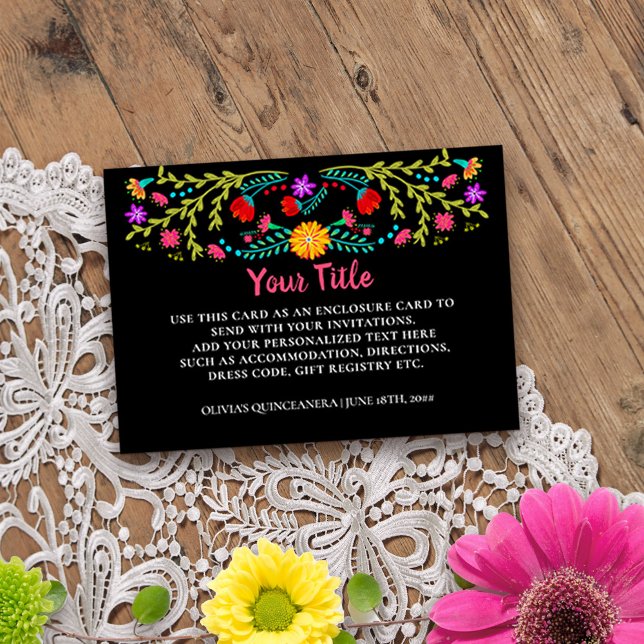Carte D'accompagnement Boîtier Floral Floral Noir mexicain personnalisé (Custom reception card for quinceanera or other special event from Mexican Fiesta Floral collection)