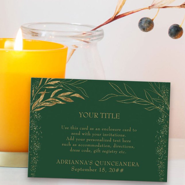 Carte D'accompagnement Boîtier personnalisé Emerald Green et Gold Leaf (Quinceanera Reception Card in emerald green from my Gold Leaf Collection)