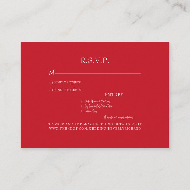 Carte D'accompagnement Boîtier RSVP de mariage Options de dîner rouge (Devant)