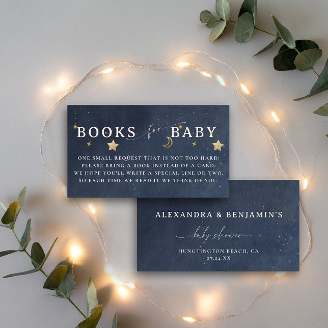 Carte D'accompagnement Books For Baby Moon Starry Night Navy Blue Stars (over the moon baby shower books insert navy gold stars mobile celestial twinkle starry night)