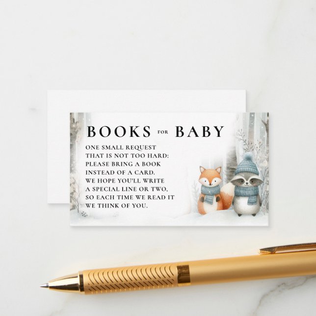 Carte D'accompagnement Books Winter Snow Woodland Animals Baby Shower (Devant/Arrière en situation)