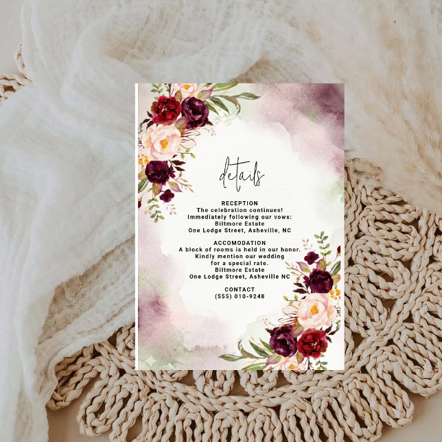 Carte D'accompagnement Bordeaux Blush Watercolor Wedding Details Card (Créateur téléchargé)