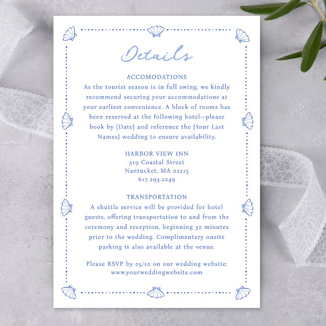 Carte D'accompagnement Bordure Coastal Chic Shell Elegant Mariage Bleu (Seamlessly guide your guests with this chic nautical details card—coordinating perfectly.)