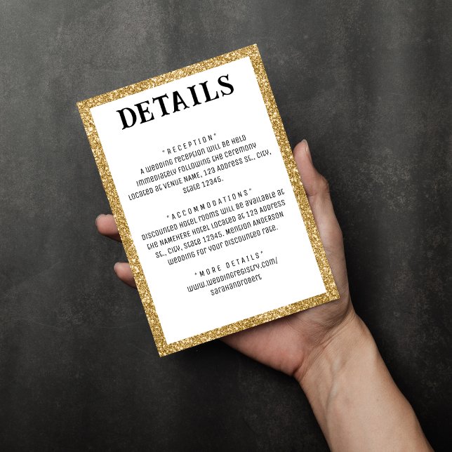 Carte D'accompagnement Bordure Parties scintillant or et détails Mariage  (Gold Glitter Border & White Wedding Details Enclosure Card
)