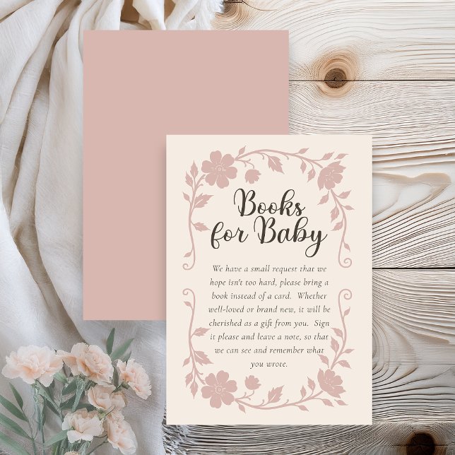 Carte D'accompagnement Botanical Baby Shower Book Request Card Blush (Elegant botanical baby shower book request card with soft blush floral design on neutral background )