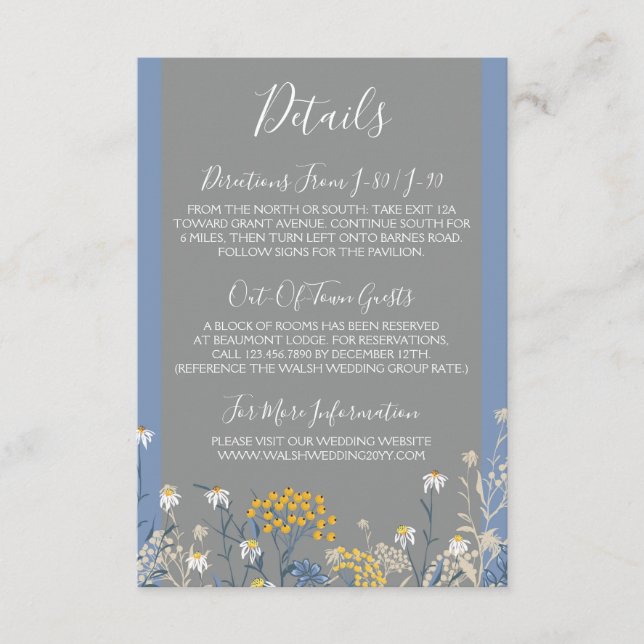 Carte D'accompagnement Botanical Daisy Yellow & Navy Détails / Directions (Devant)