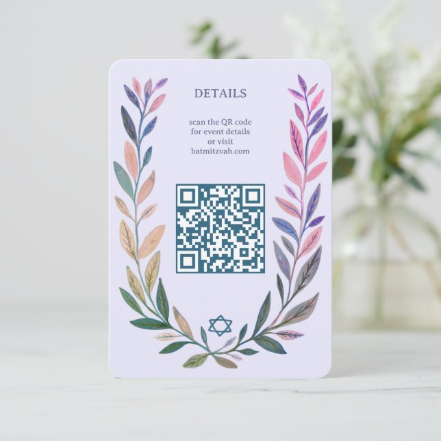 Carte D'accompagnement Botanical Watercolor CUSTOM QR Bar Bat Mitzvah (Debout devant)