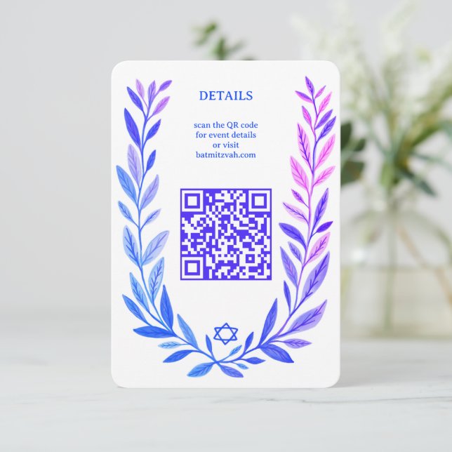 Carte D'accompagnement Botanical Watercolor CUSTOM QR Bar Bat Mitzvah (Debout devant)